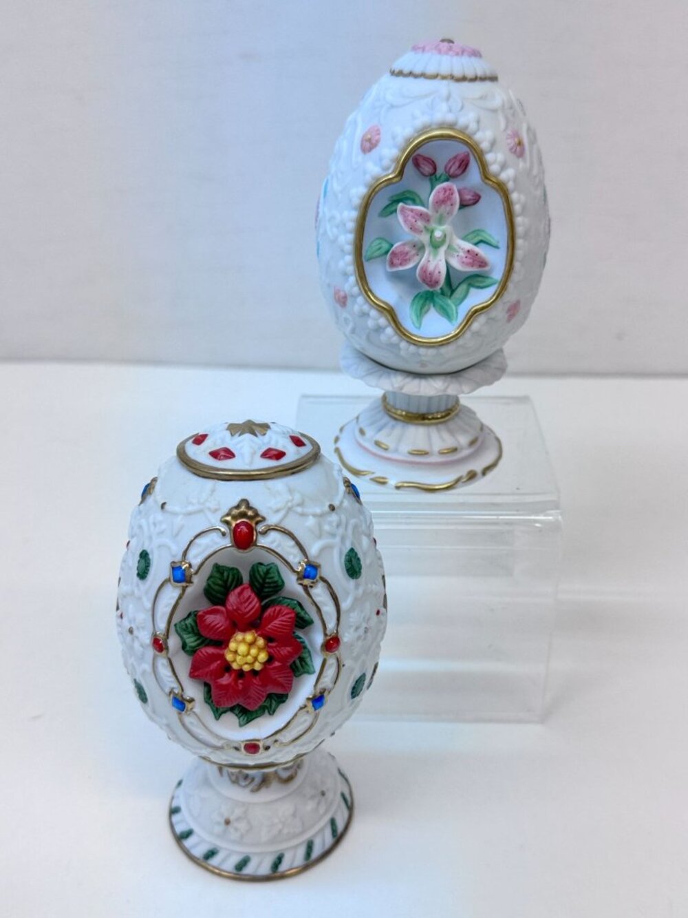 Lenox Collector Eggs-Poinsettia and Lilly Blossom with Stands
